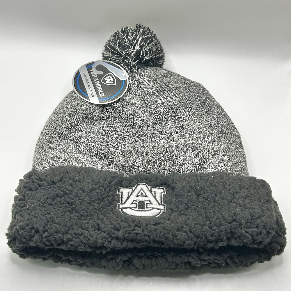 Auburn Tigers Top of the World Heather Sherpa Beanie Hat Cap Gray Pom Knit Cuff
